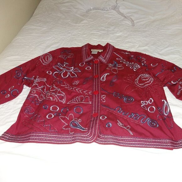 Norm Thompson women's size 2X, light weight jacket burgundy / blue embroidery - Picture 9 of 12